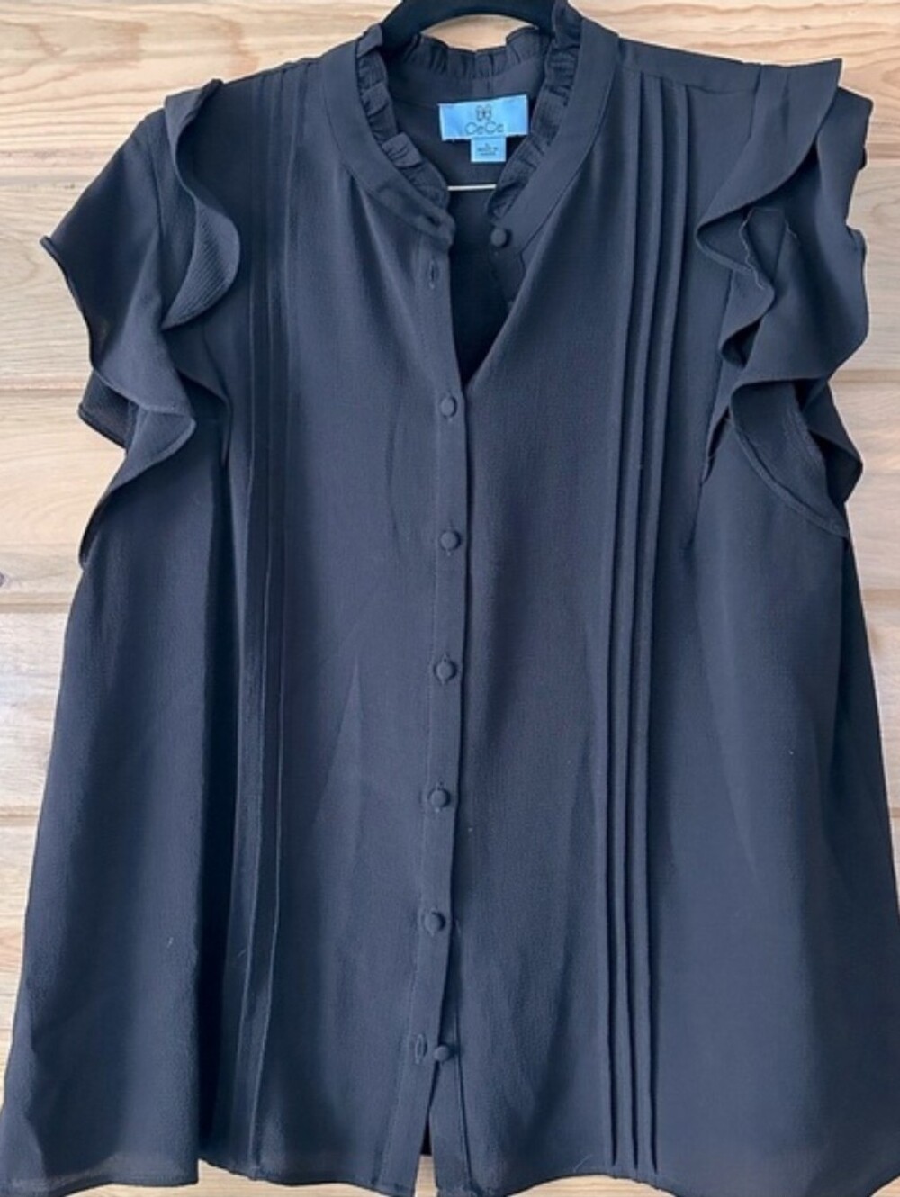CeCe Black Ruffle Cap-Sleeve Button-Front Blouse - Picture 5 of 5